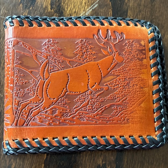Other - Handcrafted Leather Card Holder with Deer Motif - Orange and Brown
